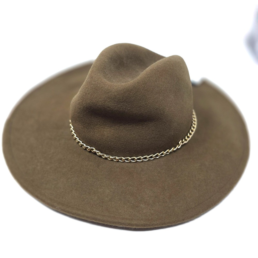 Steve Madden Felted Wool Fedora Hat Womens OS Dark Olive Metal Chain Trimmed NWT